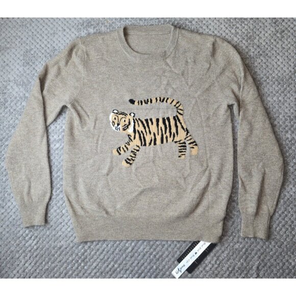 NWT 100% Cashmere Tiger Intarsia Crew Neck Sweater Beige S/M Luxury Knit - Picture 3 of 8